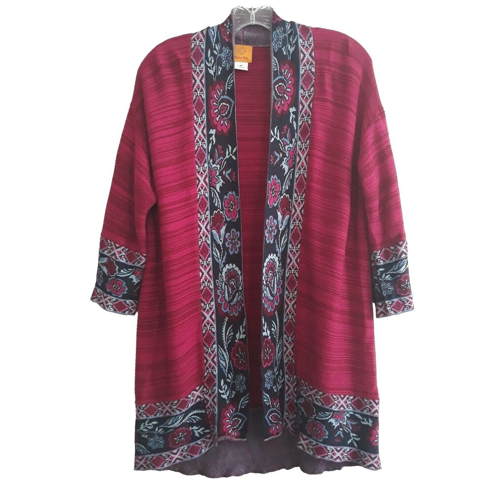 Ruby Rd Open Front Cardigan Womens Magenta Purple Floral Draped Long Sleeves